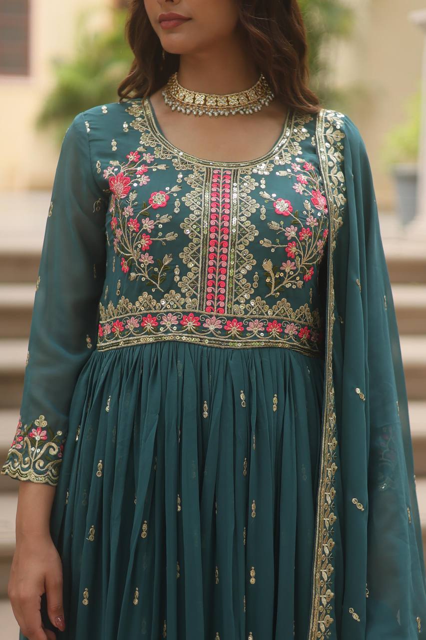 Teal Blue Premium Designer Ready-to-Wear Top-Sharara-Dupatta Collection