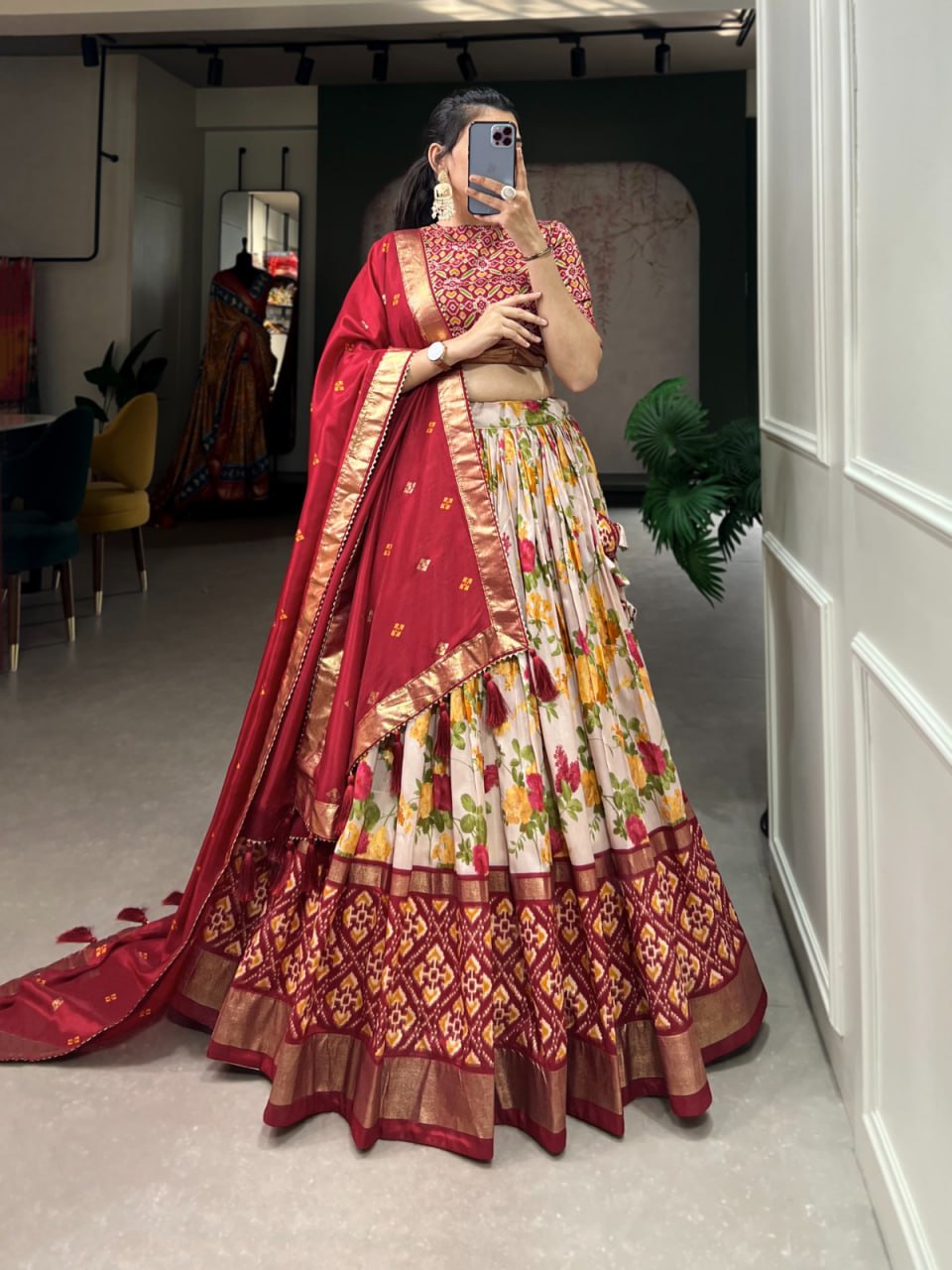 Tussar Silk Chaniya Choli Fancy Mill Print With Real Mirror Work for Traditional Wear