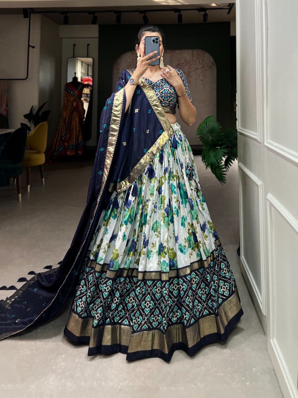 Tussar Silk Chaniya Choli Fancy Mill Print With Real Mirror Work for Traditional Wear