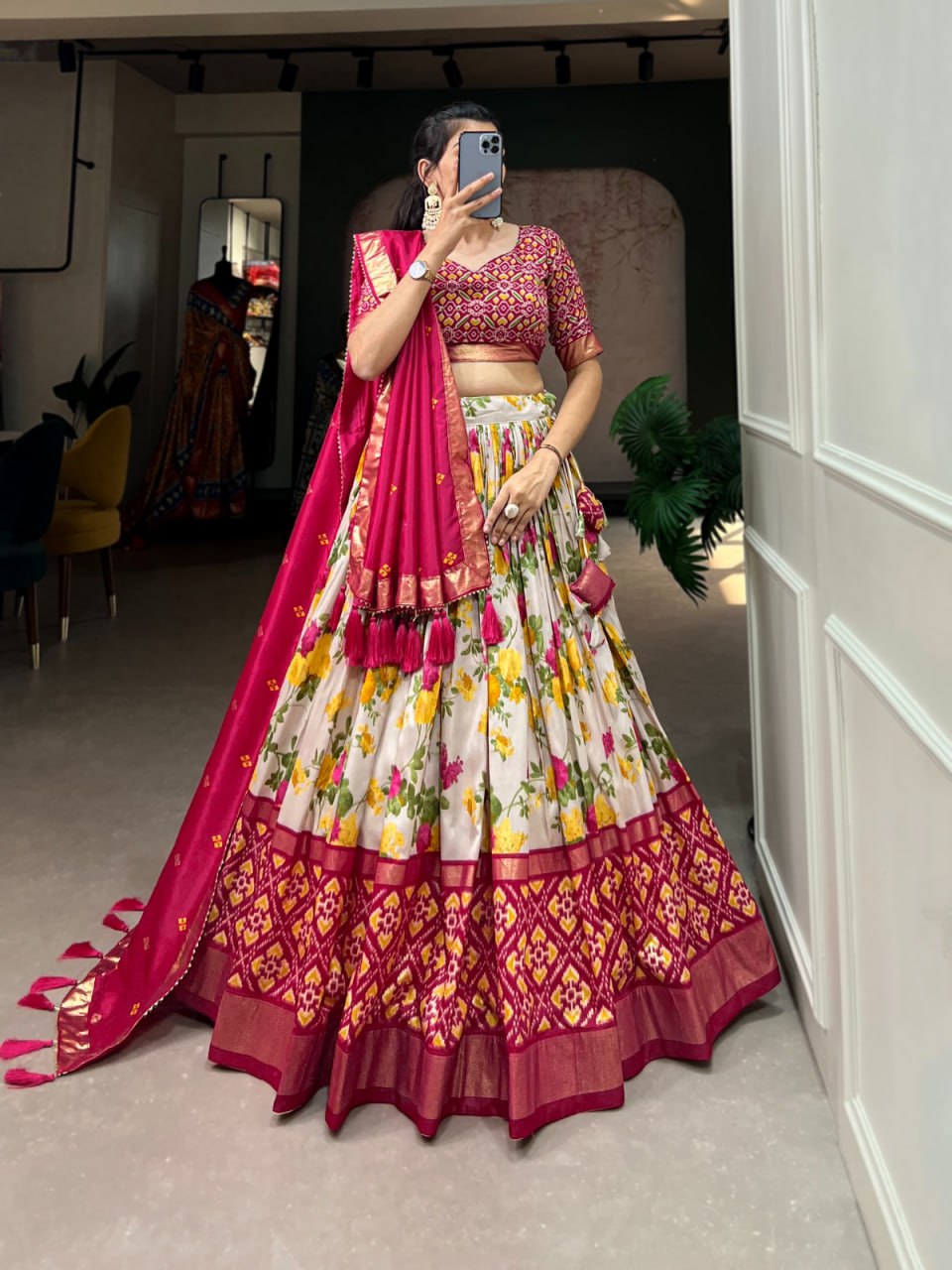 Tussar Silk Chaniya Choli Fancy Mill Print With Real Mirror Work for Traditional Wear