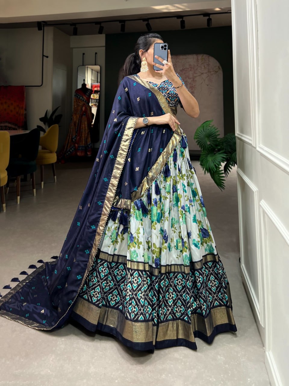 Tussar Silk Chaniya Choli Fancy Mill Print With Real Mirror Work for Traditional Wear