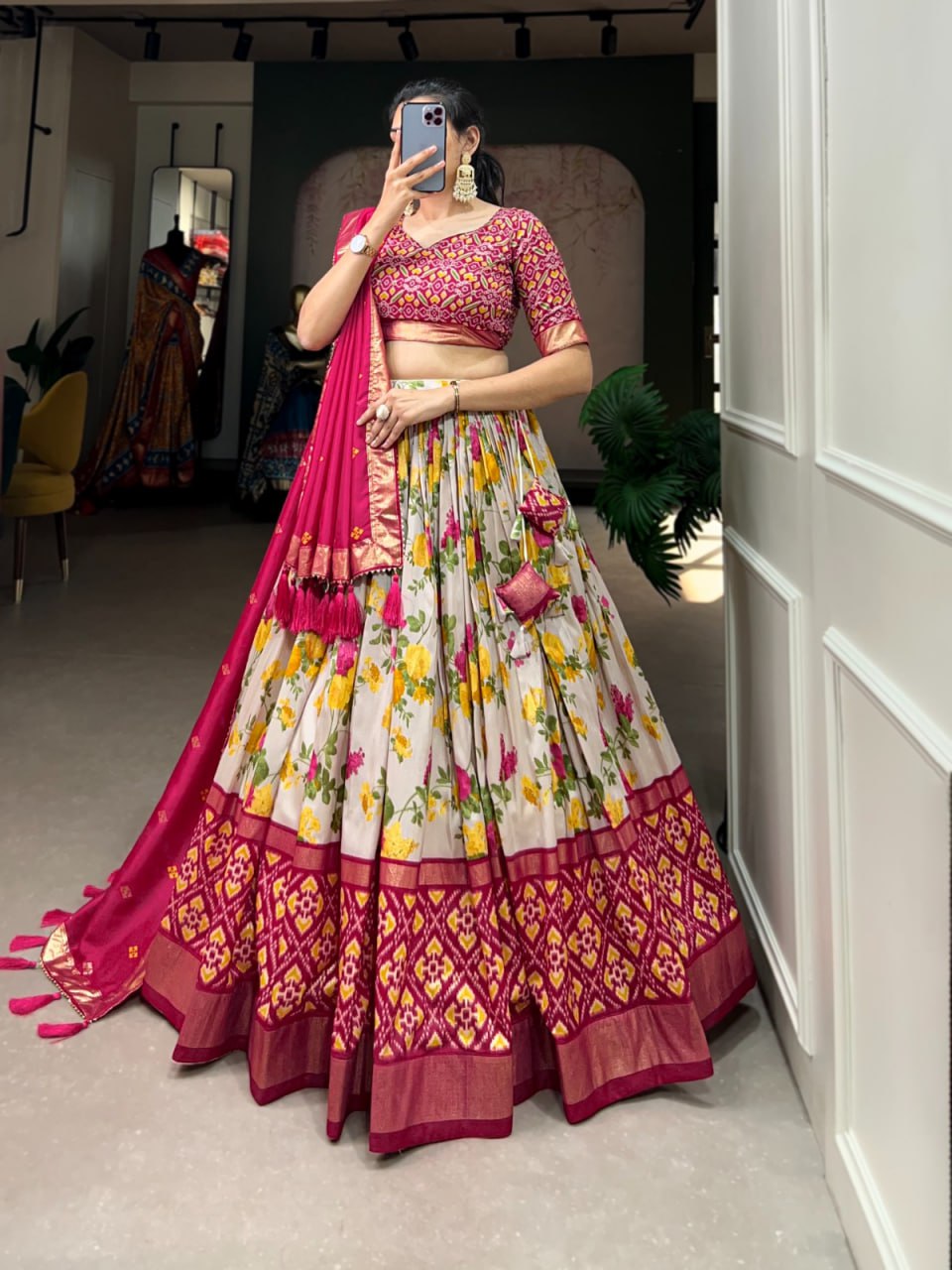 Tussar Silk Chaniya Choli Fancy Mill Print With Real Mirror Work for Traditional Wear