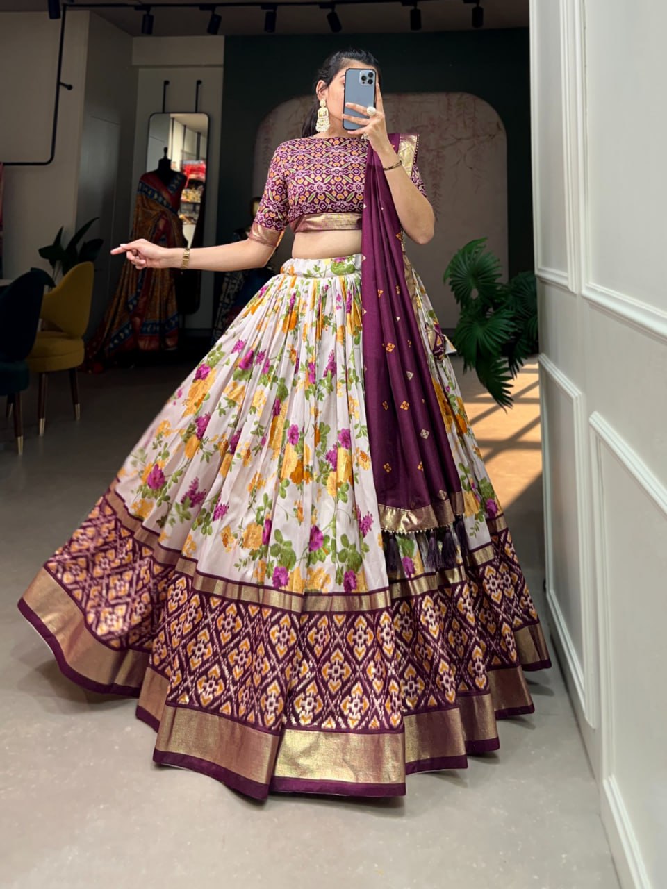 Tussar Silk Chaniya Choli Fancy Mill Print With Real Mirror Work for Traditional Wear