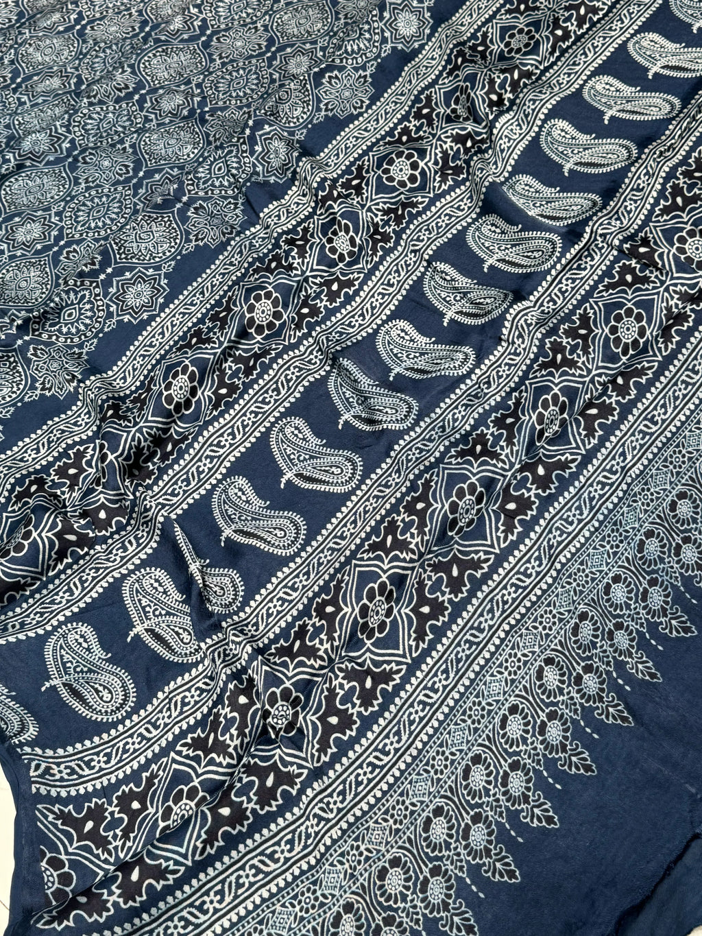 Indigo Blue Ajrakh Hand Block Modal Silk Saree With Fancy Ajrakh Pallu