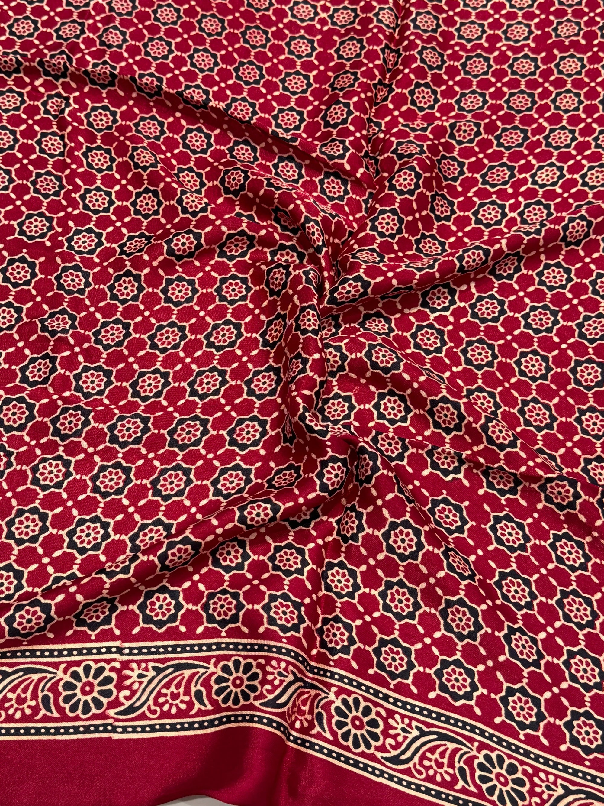Maroon Ajrakh Hand Block Modal Silk Saree With Fancy Ajrakh Pallu and Border
