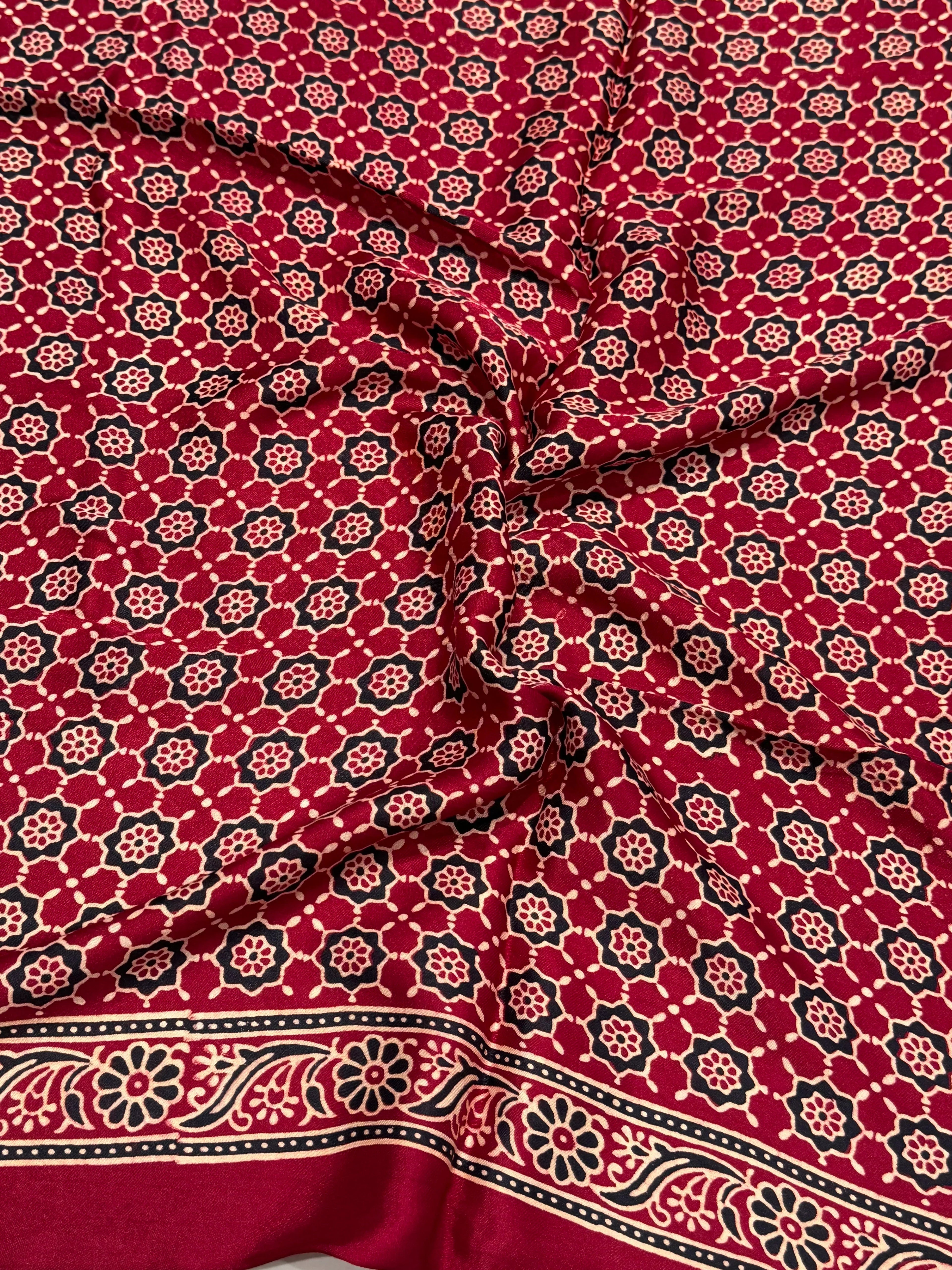 Maroon Ajrakh Hand Block Modal Silk Saree With Fancy Ajrakh Pallu and Border