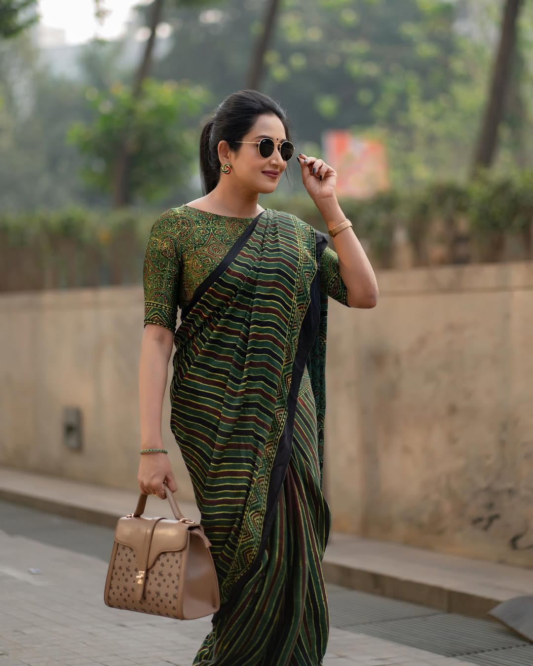 Green Line Ajrakh Primum Modal Silk Saree With Blouse