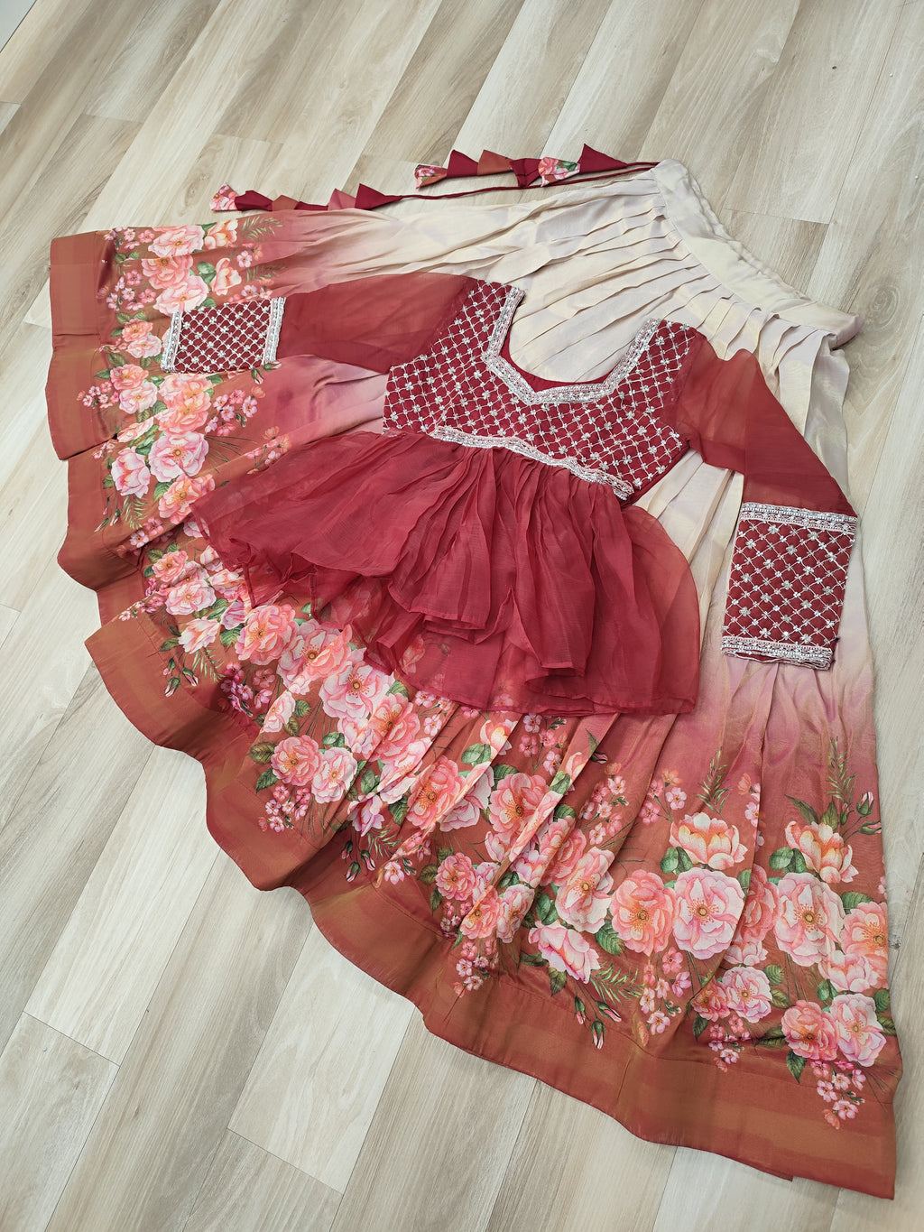 Gajri Elegant Floral Cosmos Print Lehenga Set with Embroidered Peplum Top