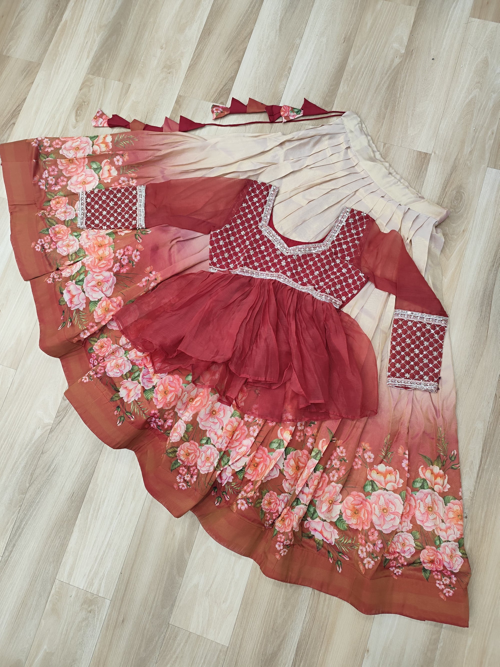 Gajri Elegant Floral Cosmos Print Lehenga Set with Embroidered Peplum Top