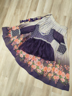 Purple Elegant Floral Cosmos Print Lehenga Set with Embroidered Peplum Top