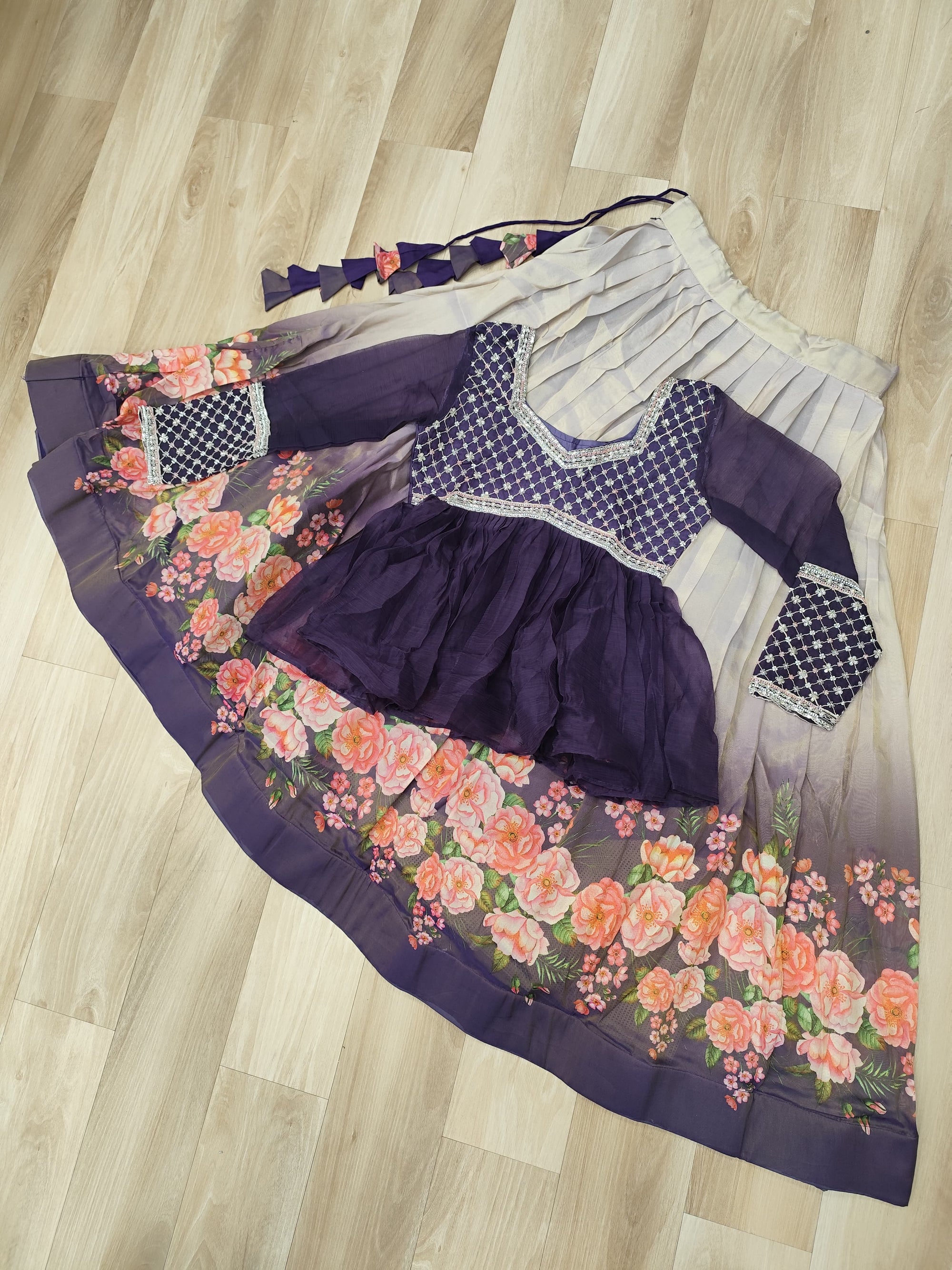 Purple Elegant Floral Cosmos Print Lehenga Set with Embroidered Peplum Top