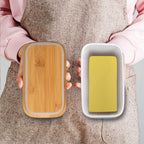 Butter Dish With Wooden Lid,Large Butter Container Keeper Storage Plate With Steal Butter Knife,Bamboo Cover And Silicone Sealing Ring For West East Coast Butter