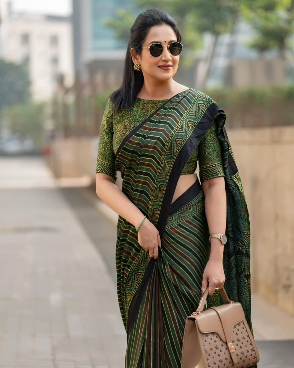 Green Line Ajrakh Primum Modal Silk Saree With Blouse