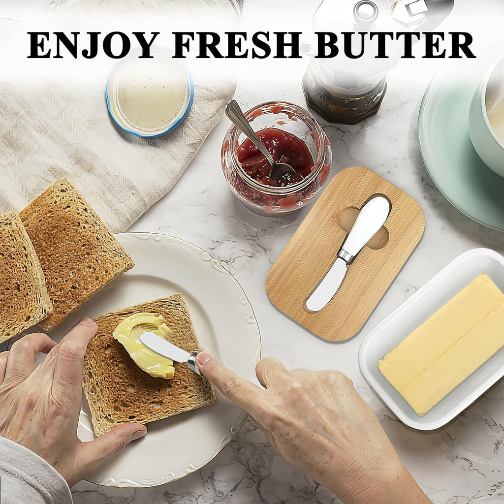 Butter Dish With Wooden Lid,Large Butter Container Keeper Storage Plate With Steal Butter Knife,Bamboo Cover And Silicone Sealing Ring For West East Coast Butter