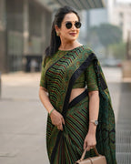 Green Line Ajrakh Primum Modal Silk Saree With Blouse