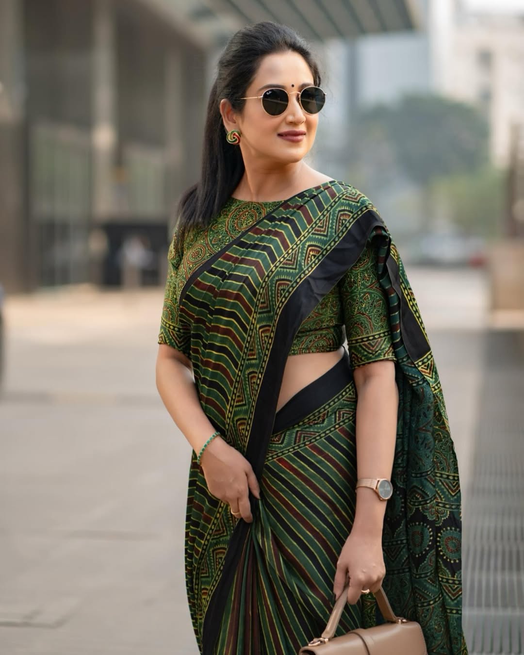 Green Line Ajrakh Primum Modal Silk Saree With Blouse