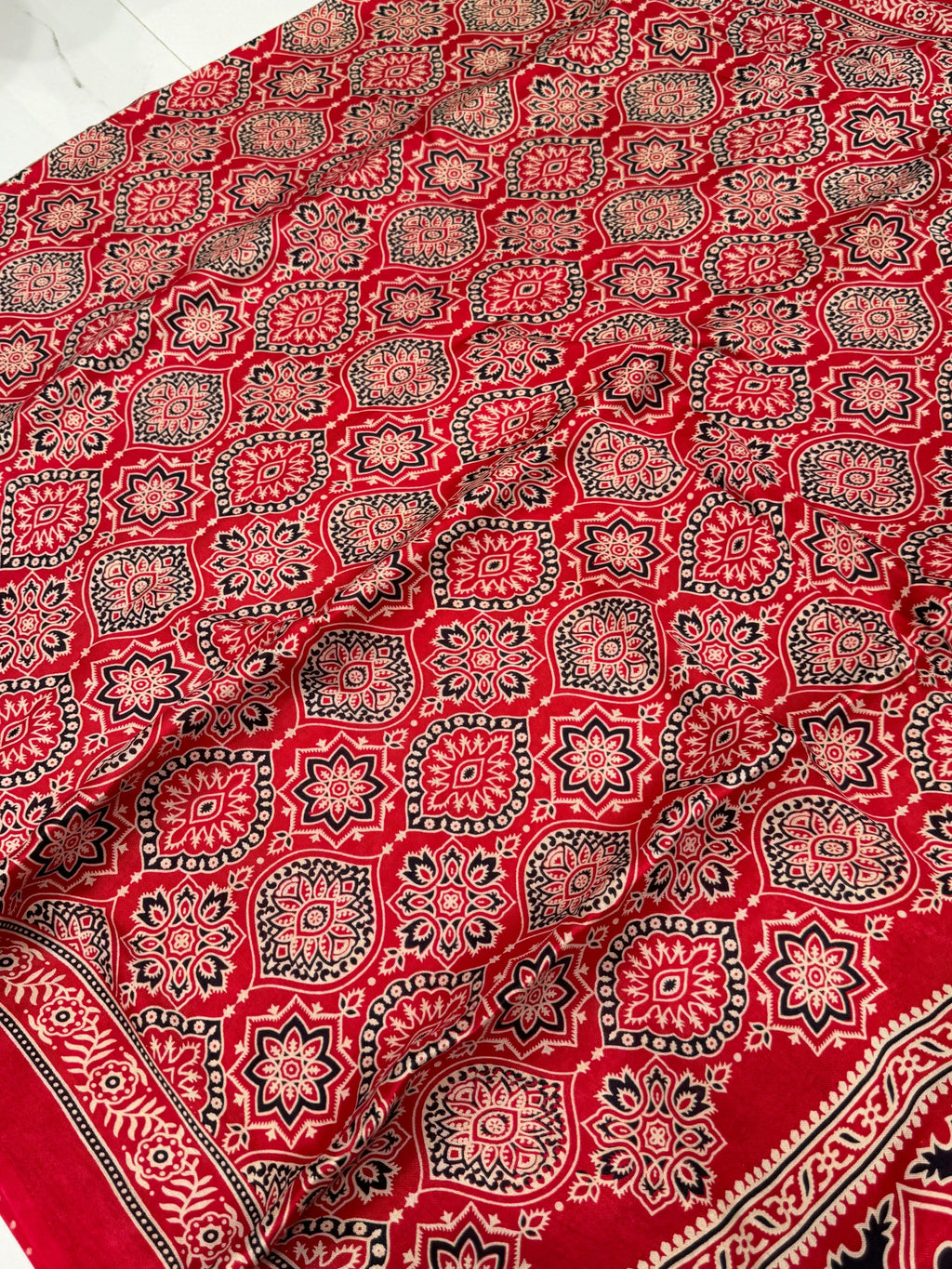 Red Ajrakh Hand Block Modal Silk Saree With Fancy Ajrakh Pallu