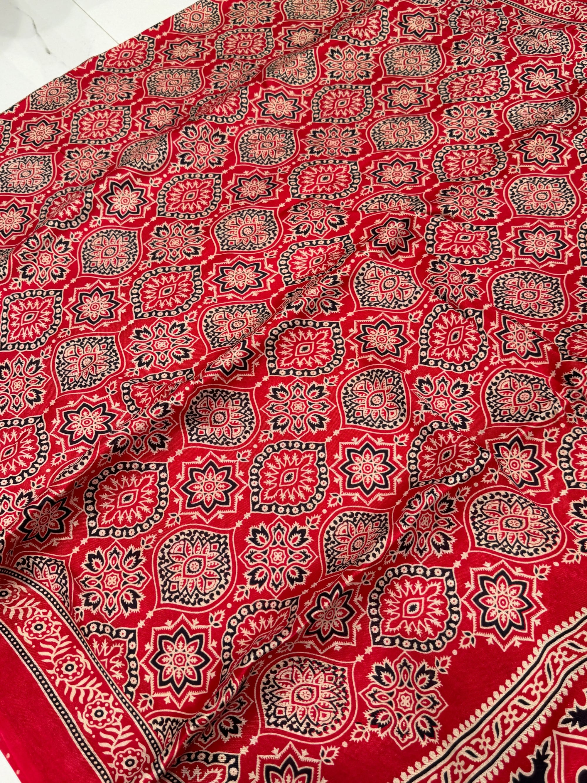 Red Ajrakh Hand Block Modal Silk Saree With Fancy Ajrakh Pallu