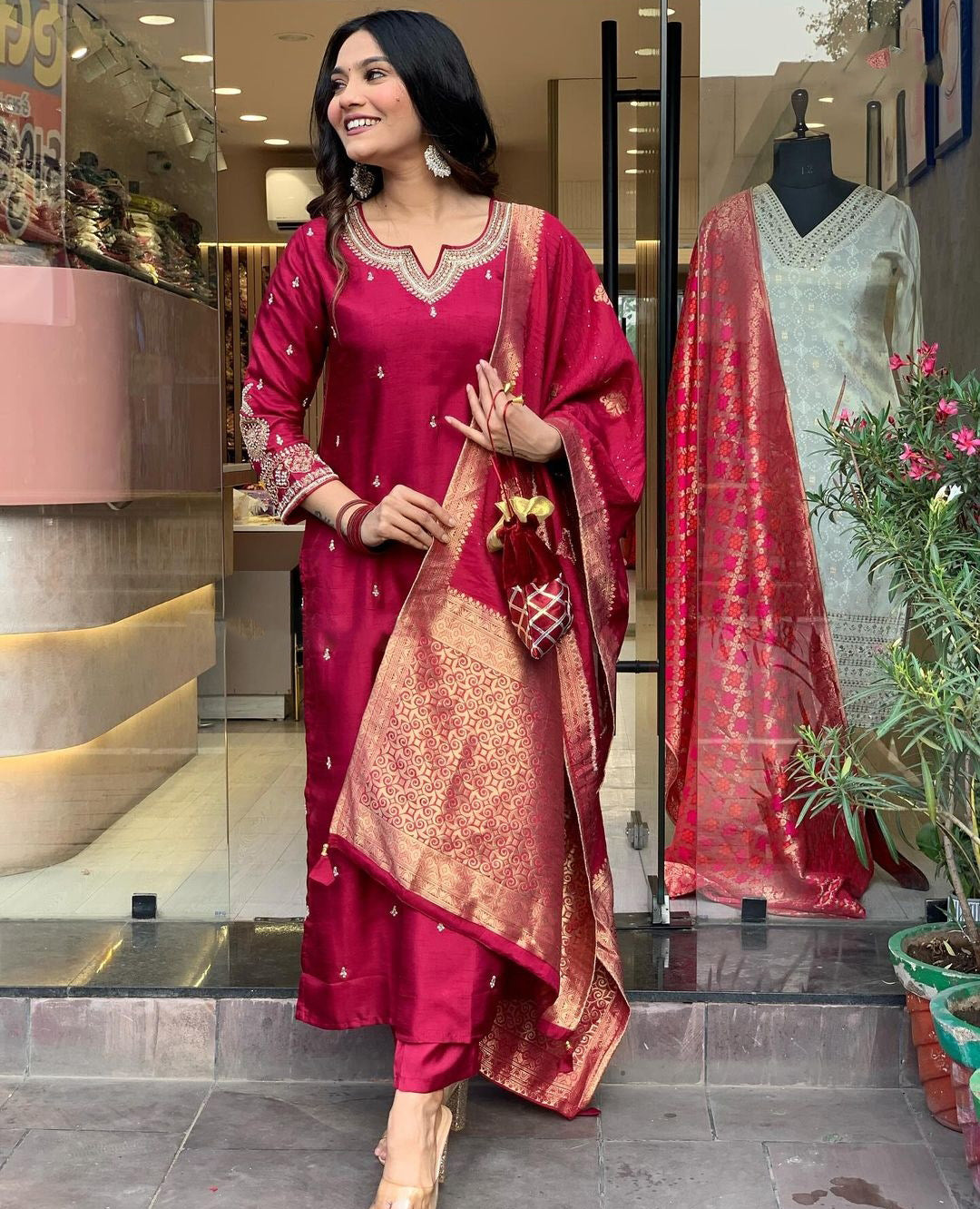 Red Color Embroidered Work Kurti Set