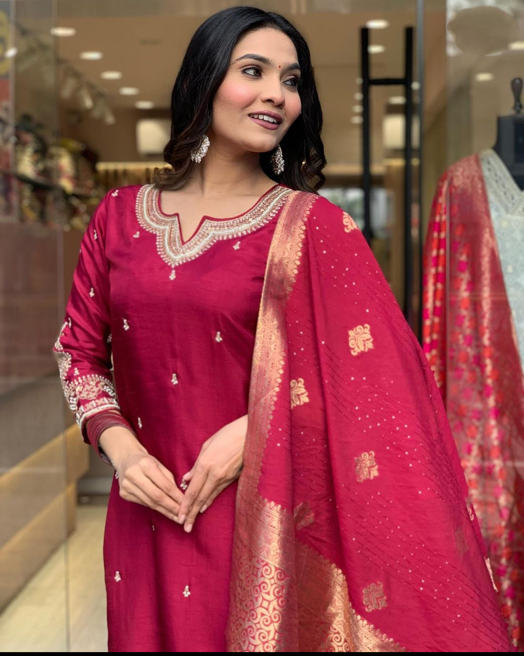 Red Color Embroidered Work Kurti Set