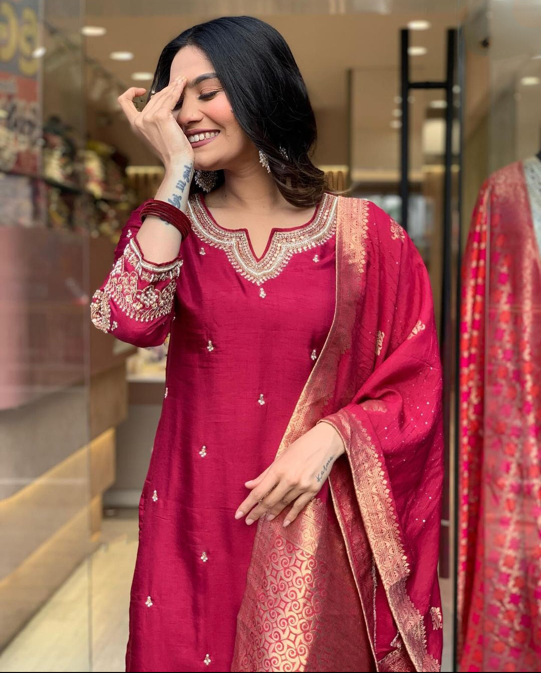 Red Color Embroidered Work Kurti Set