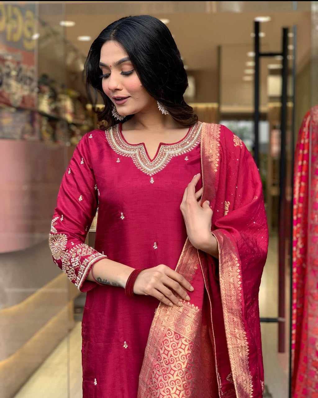 Red Color Embroidered Work Kurti Set