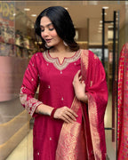 Red Color Embroidered Work Kurti Set