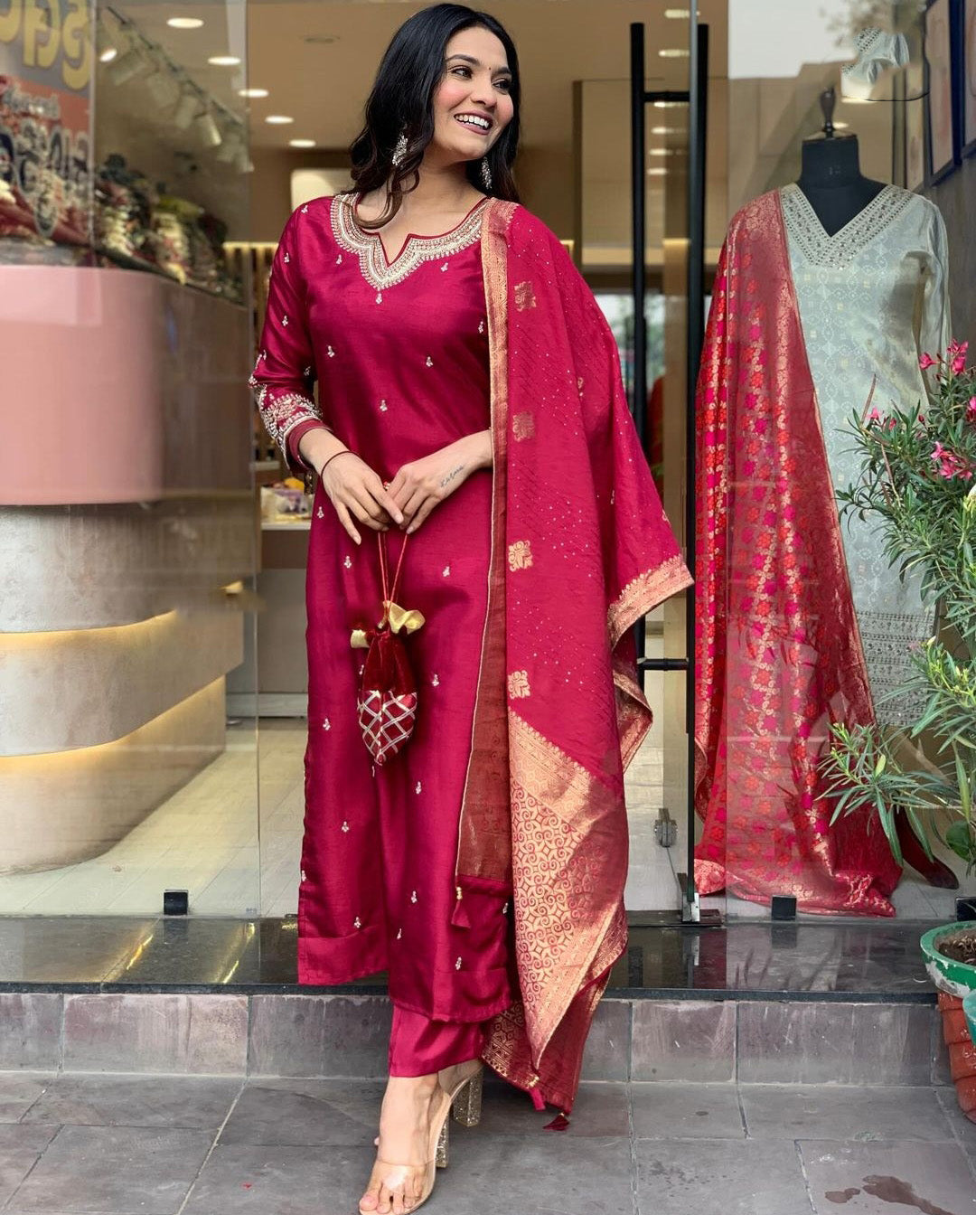 Red Color Embroidered Work Kurti Set