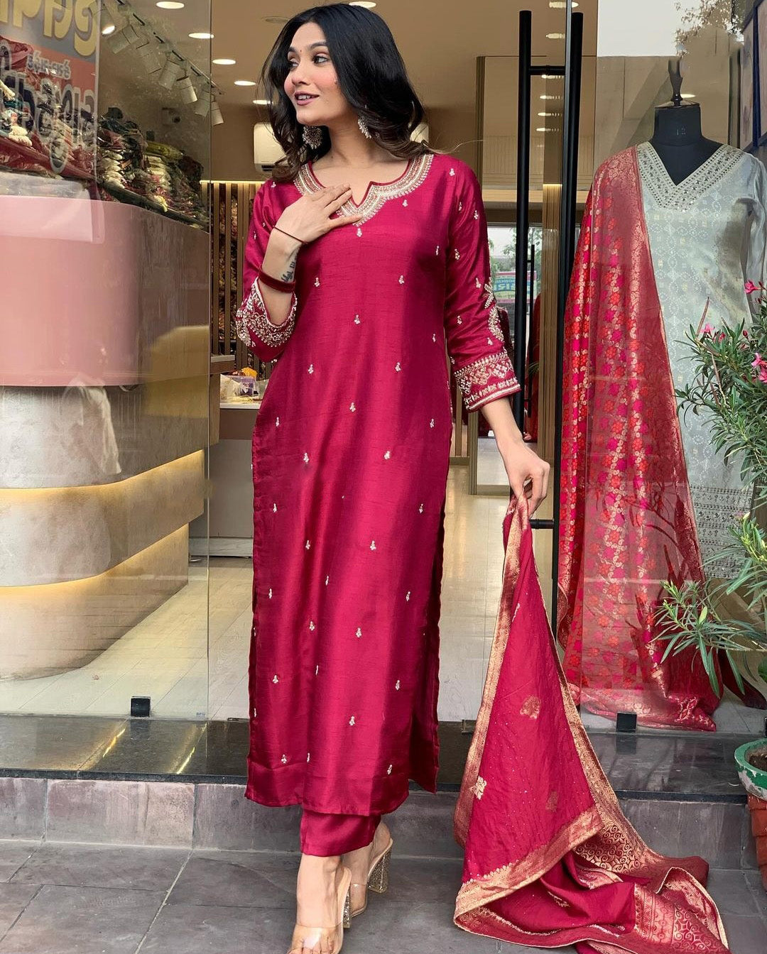 Red Color Embroidered Work Kurti Set