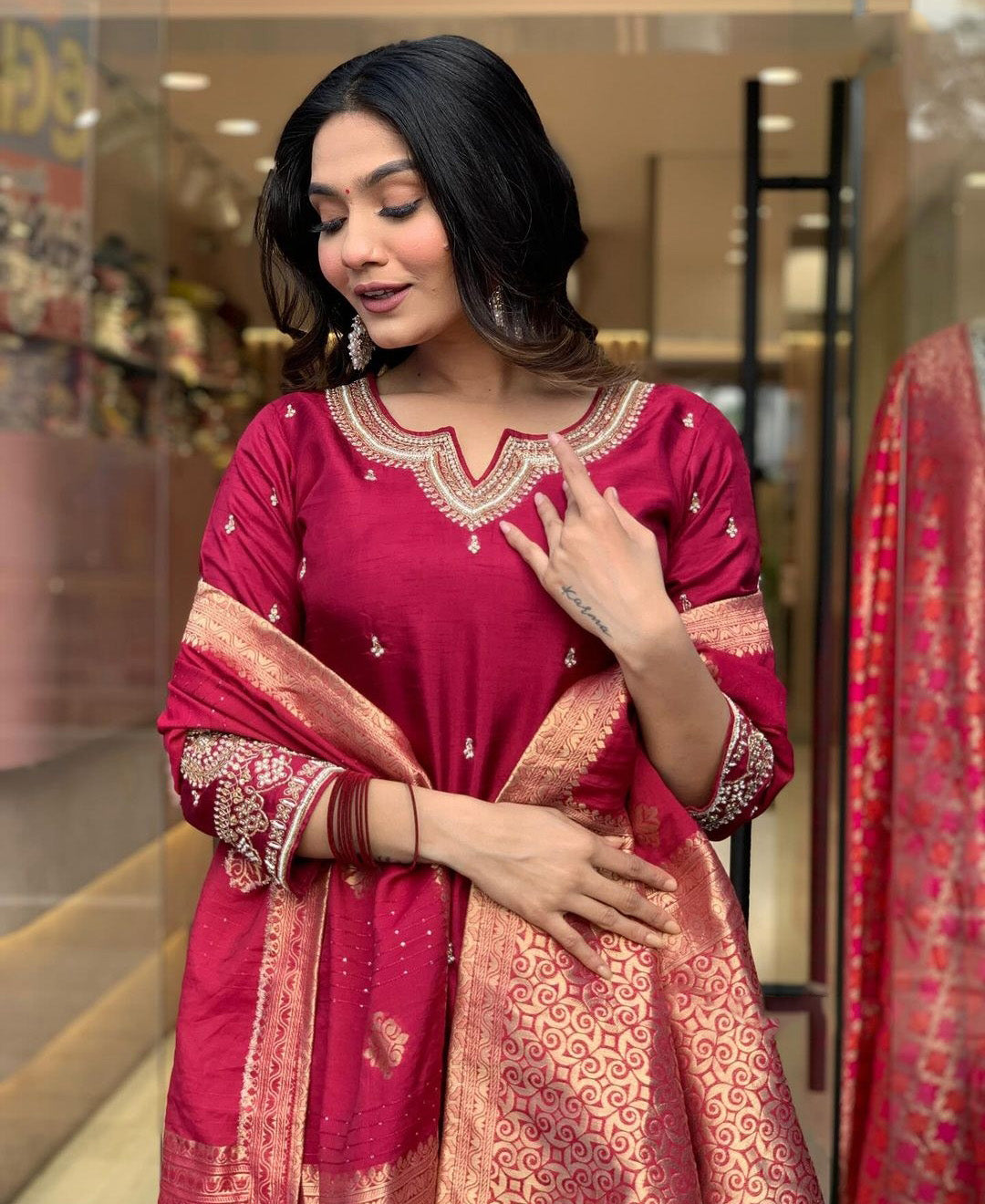 Red Color Embroidered Work Kurti Set