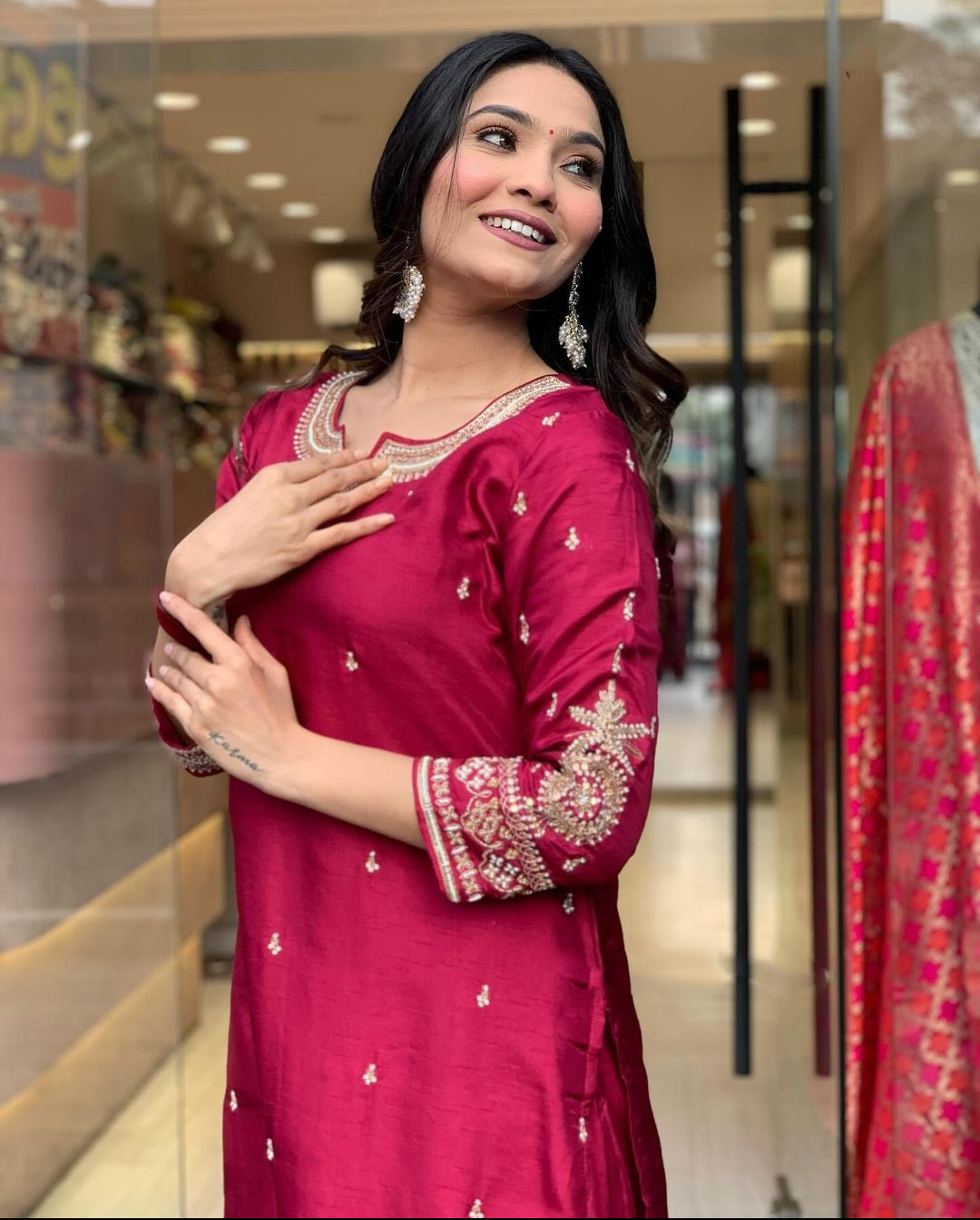 Red Color Embroidered Work Kurti Set