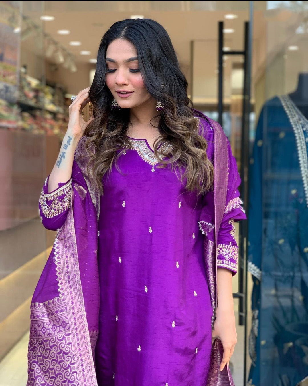 Purple Color Embroidered Work Kurti Set