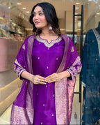 Purple Color Embroidered Work Kurti Set