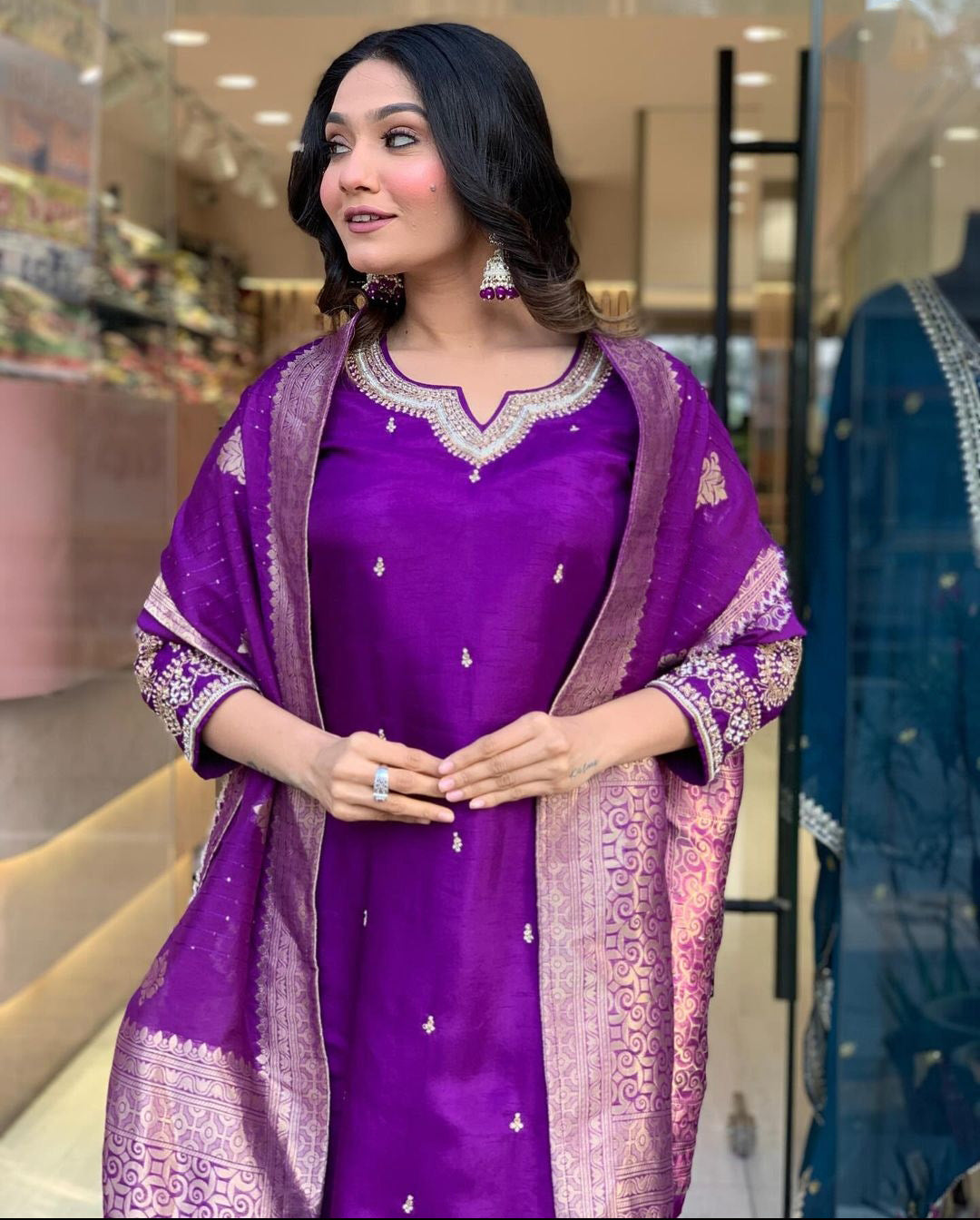 Purple Color Embroidered Work Kurti Set