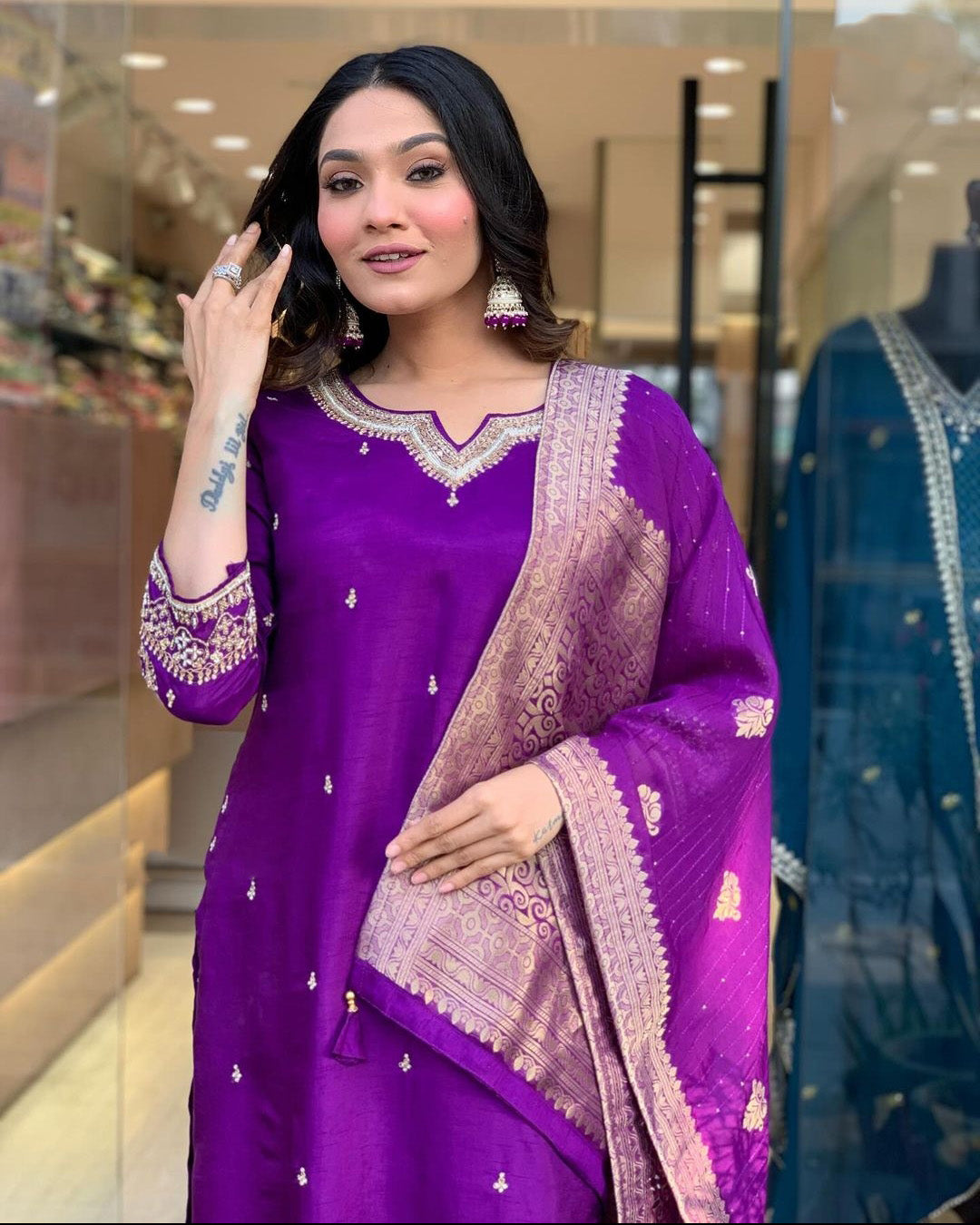 Purple Color Embroidered Work Kurti Set