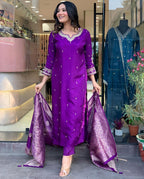 Purple Color Embroidered Work Kurti Set