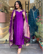 Purple Color Embroidered Work Kurti Set
