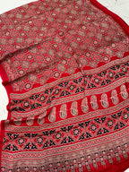 Red Ajrakh Hand Block Modal Silk Saree With Fancy Ajrakh Pallu