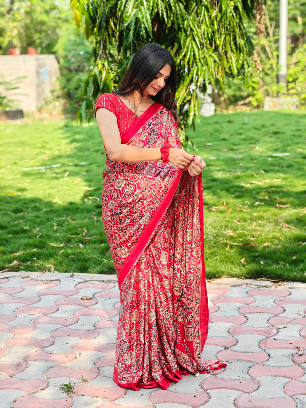 Red Ajrakh Printed Soft Modal Silk Natural Print Saree P2