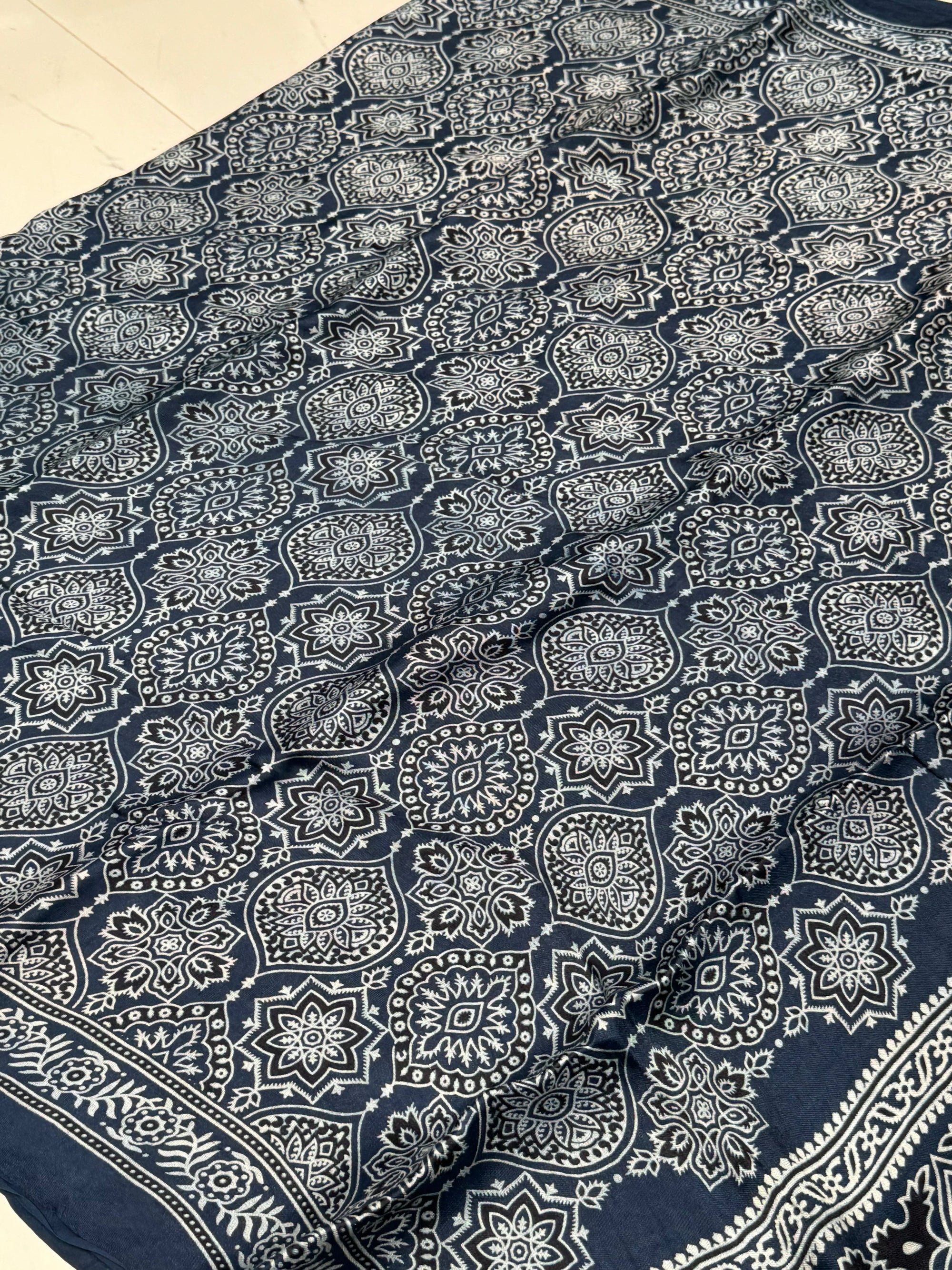 Indigo Blue Ajrakh Hand Block Modal Silk Saree With Fancy Ajrakh Pallu