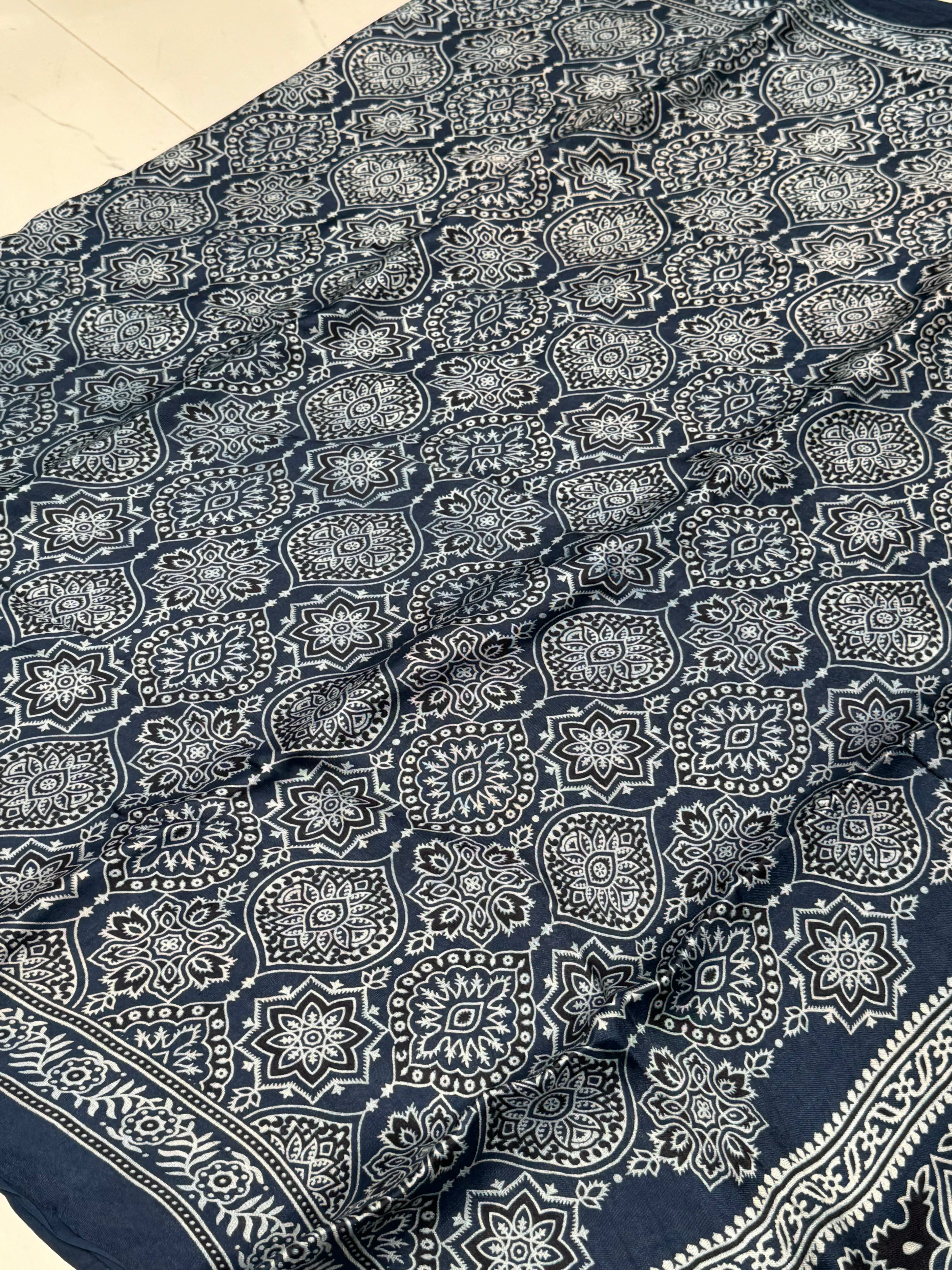Indigo Blue Ajrakh Hand Block Modal Silk Saree With Fancy Ajrakh Pallu