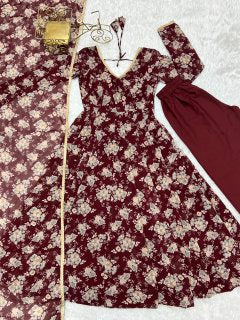Dark Maroon Heavy Pure Fox Georgette Multi Floral Print Suit