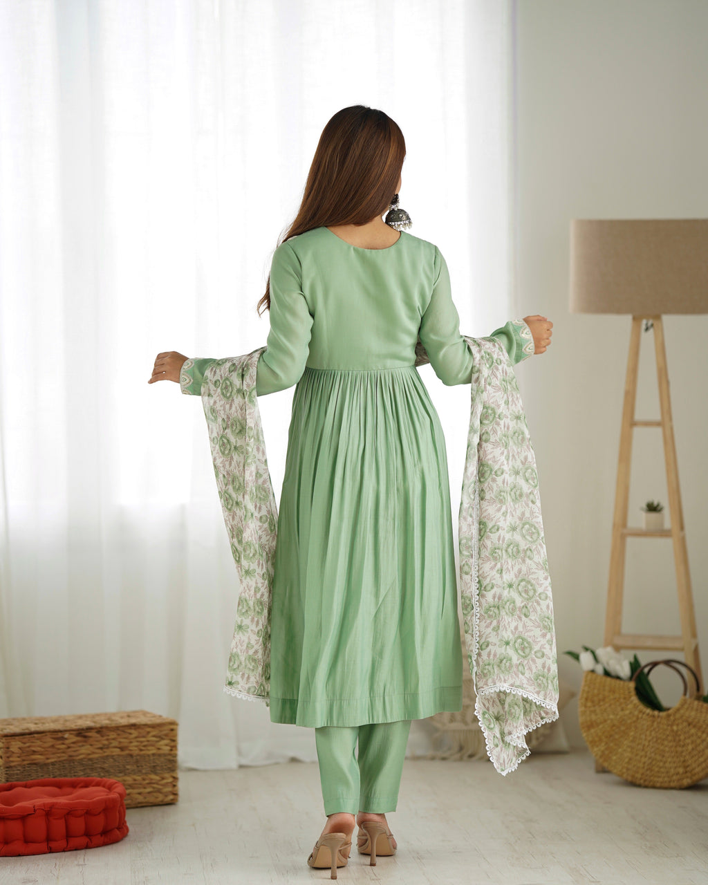 Pista New Pure Soft Heavy Romansilk Chanderi Fabric Nyra Cut Kurta With Duppta Set
