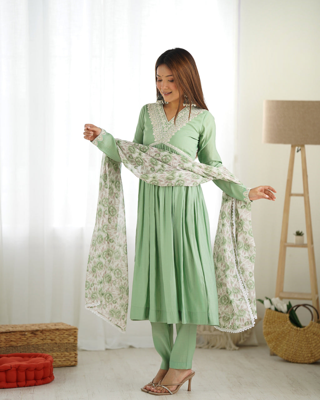 Pista New Pure Soft Heavy Romansilk Chanderi Fabric Nyra Cut Kurta With Duppta Set