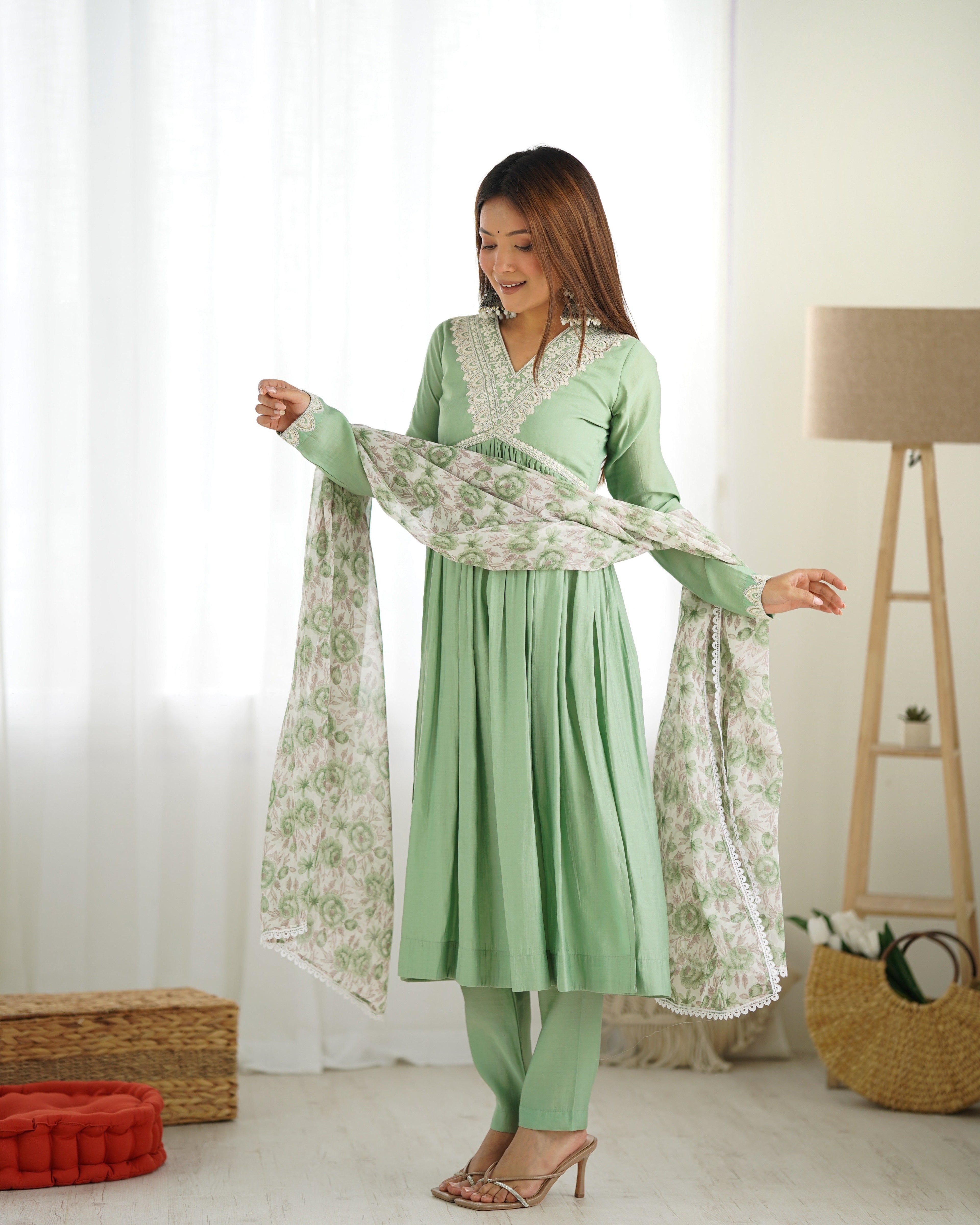 Pista New Pure Soft Heavy Romansilk Chanderi Fabric Nyra Cut Kurta With Duppta Set