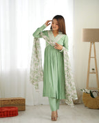 Pista New Pure Soft Heavy Romansilk Chanderi Fabric Nyra Cut Kurta With Duppta Set