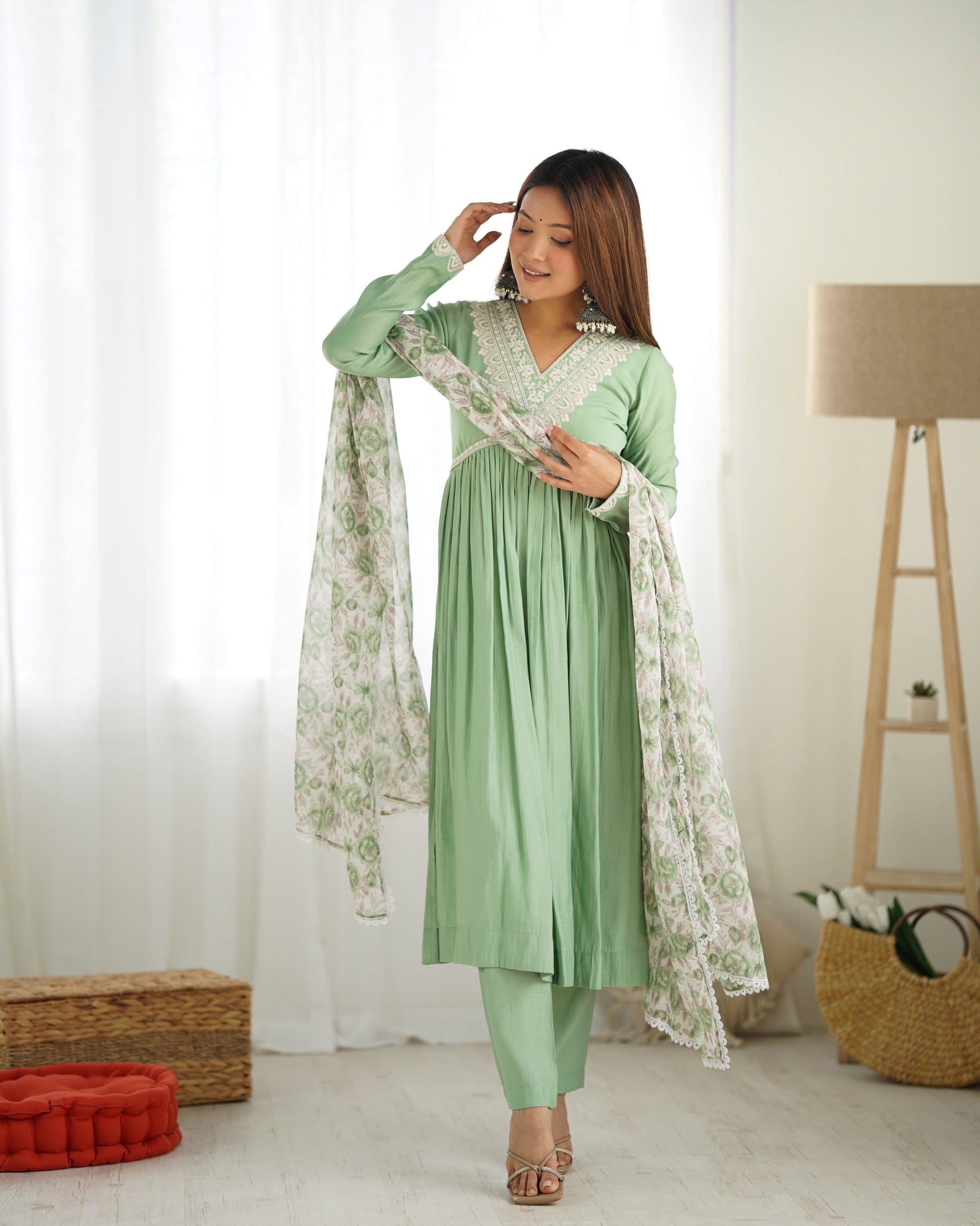 Pista New Pure Soft Heavy Romansilk Chanderi Fabric Nyra Cut Kurta With Duppta Set