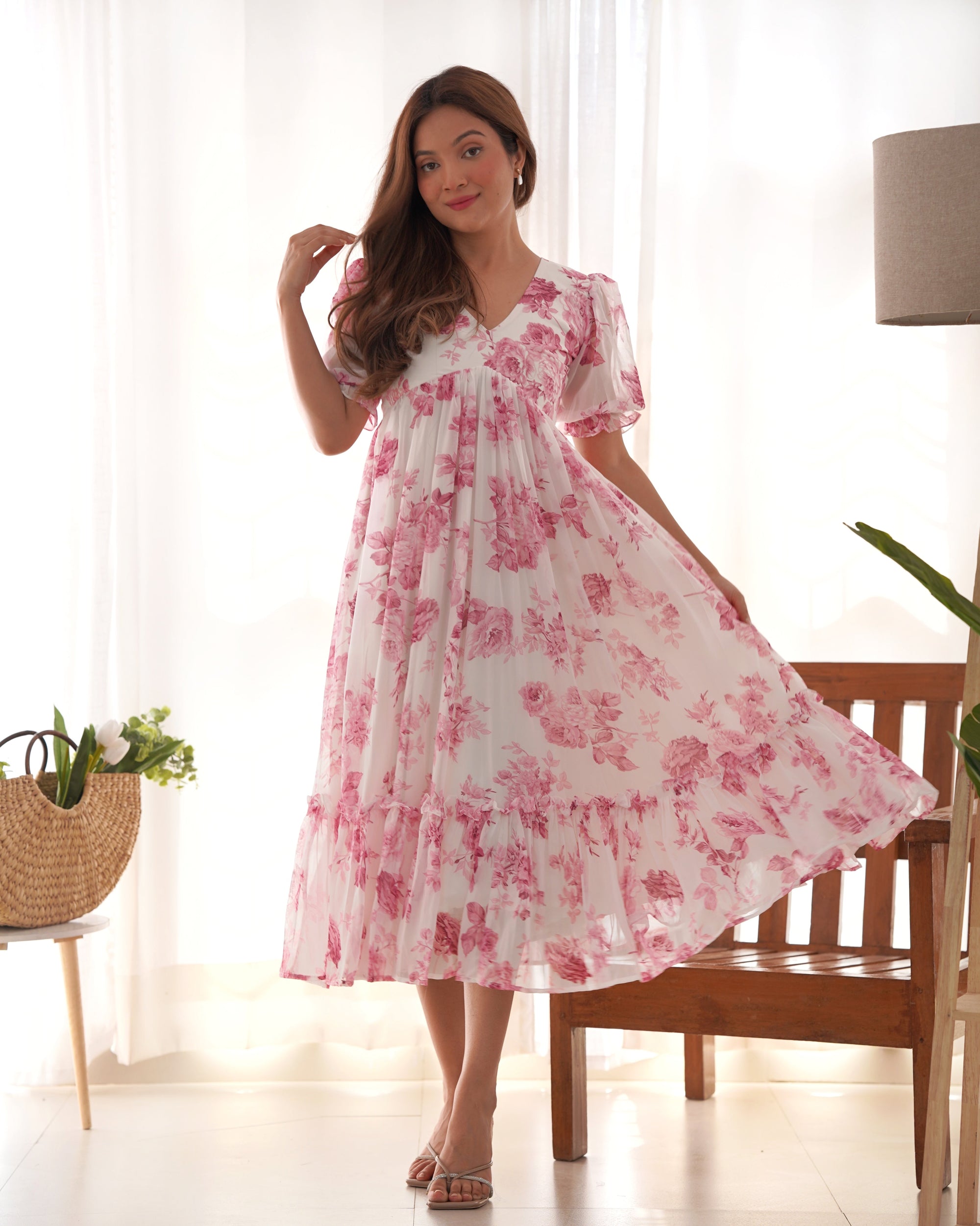 Baby Pink Color Georgette Floral Printed Tunic