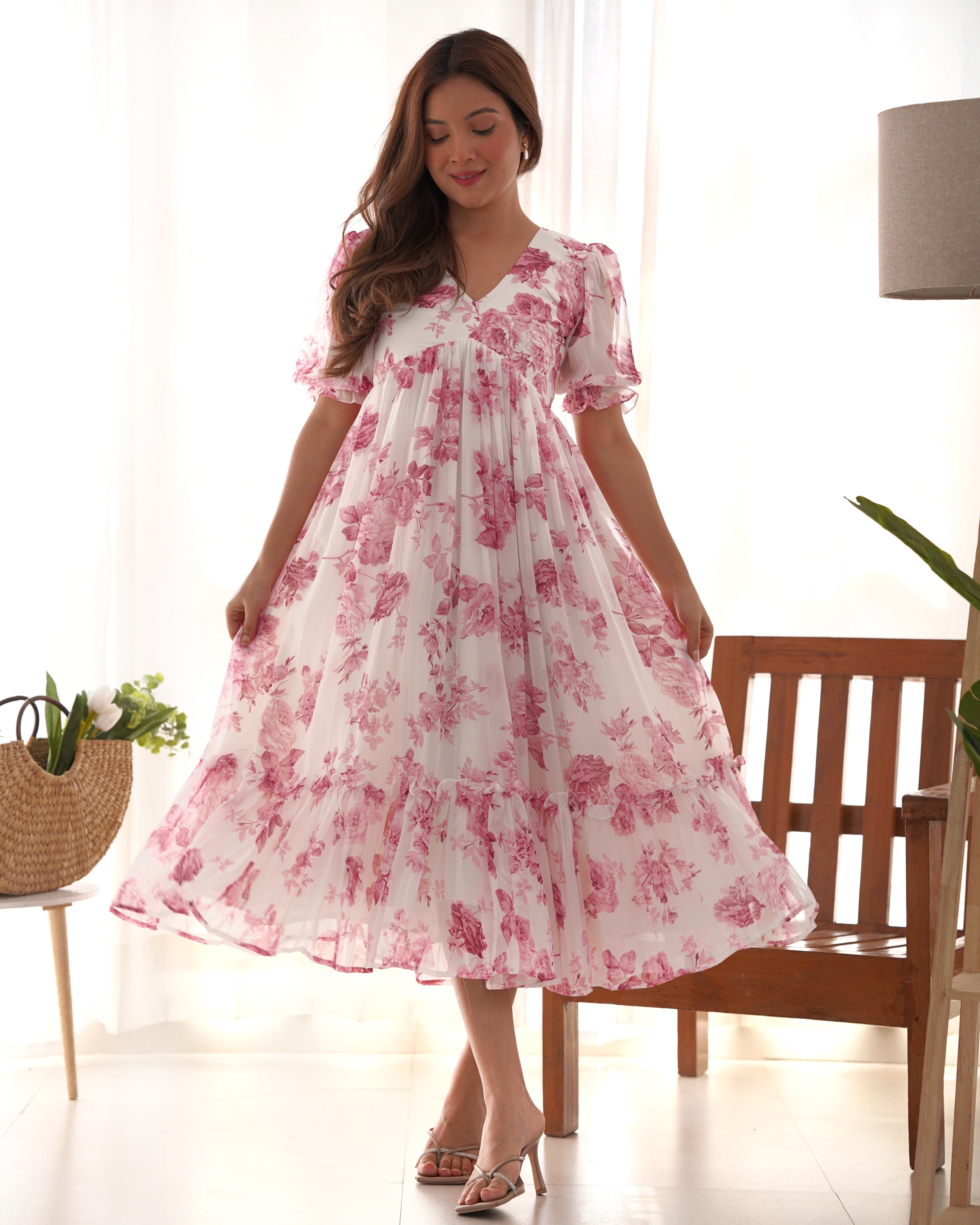 Baby Pink Color Georgette Floral Printed Tunic