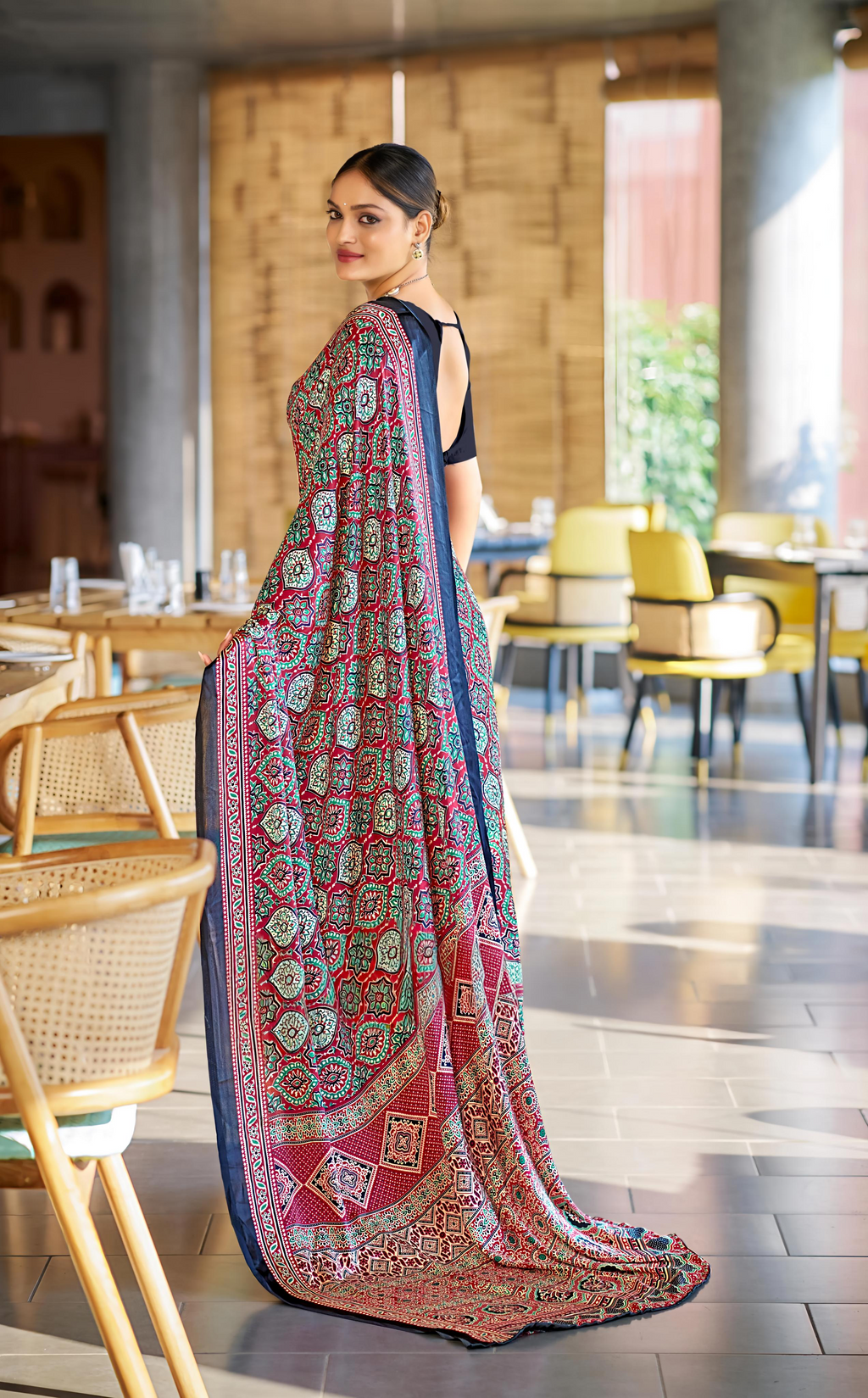 Luxurious Maroon Ajrakh Printed Soft Modal Silk Natural Print Saree P2